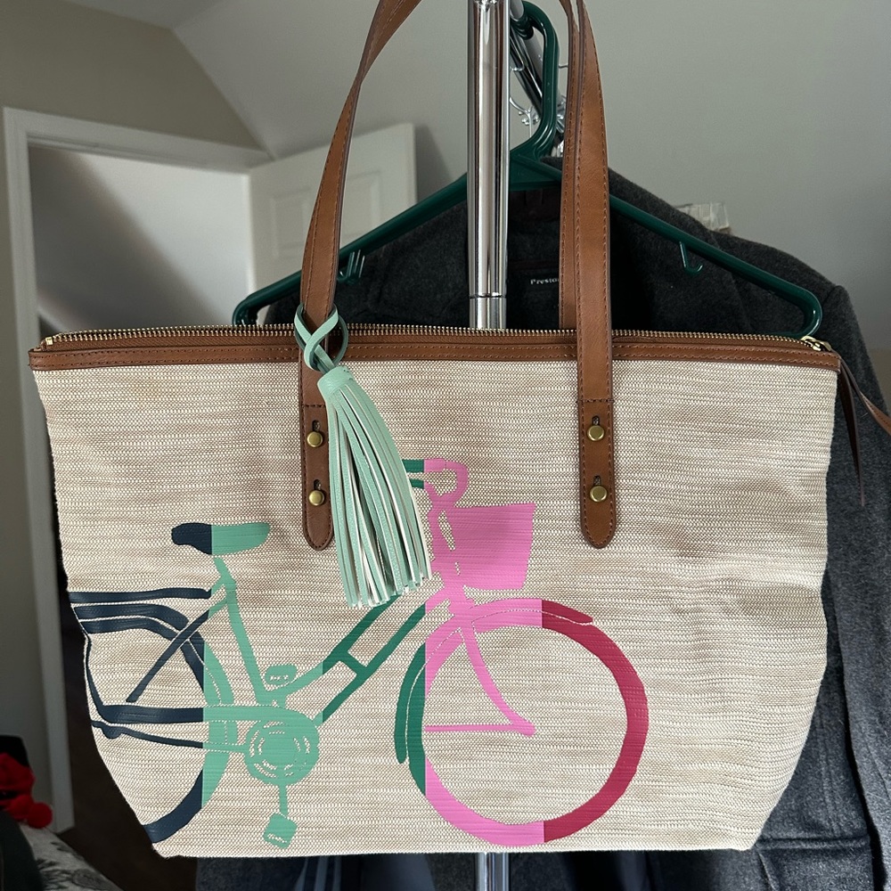 Fossil women’s multicolored bicycle print tote bag, new without tags.